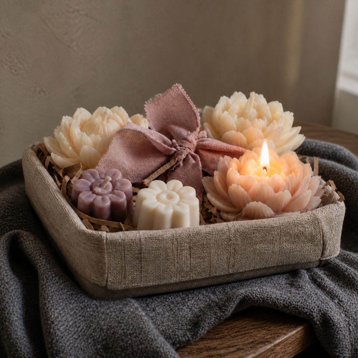 Närbild på blomformade ljus i en mörk korg